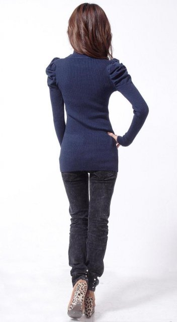 autumn and winter women solid color turtleneck puff sleeve sweater slim