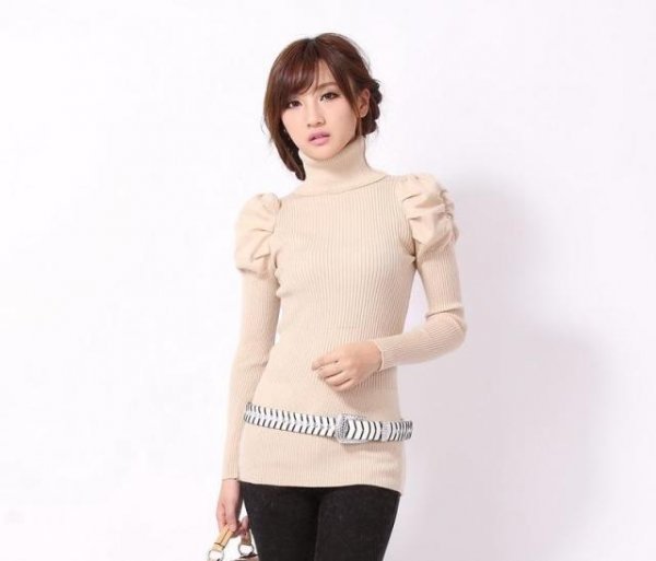 autumn and winter women solid color turtleneck puff sleeve sweater slim