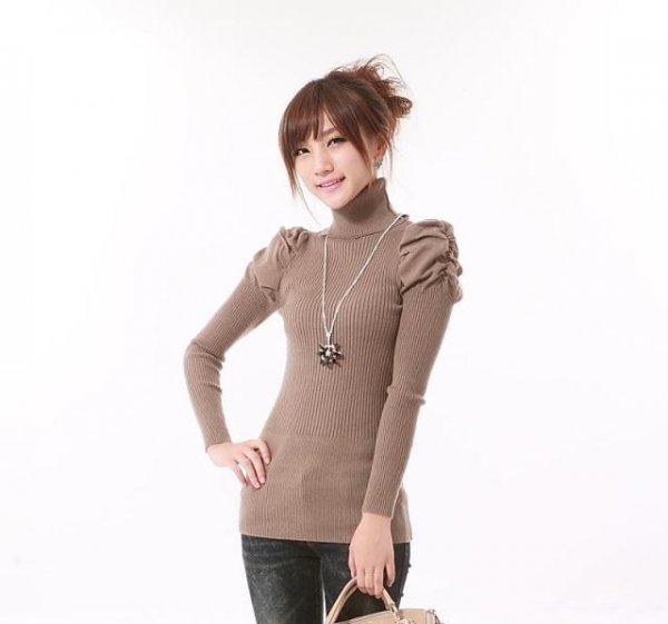 autumn and winter women solid color turtleneck puff sleeve sweater slim